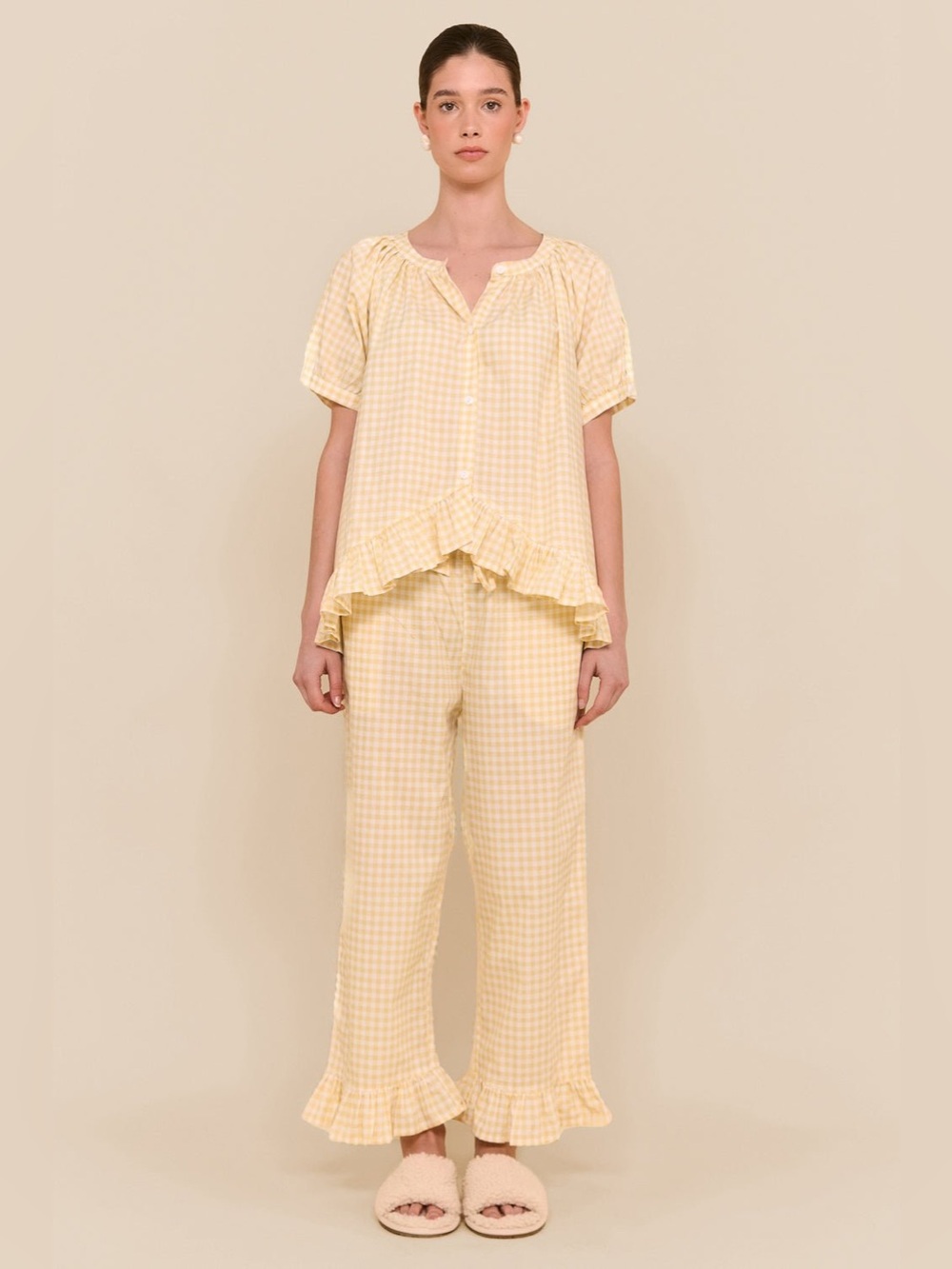 Piyama Sophie 100% Cotton Poplin Yellow Gingham Ruffle Pajama Sleep Set PJs L-M